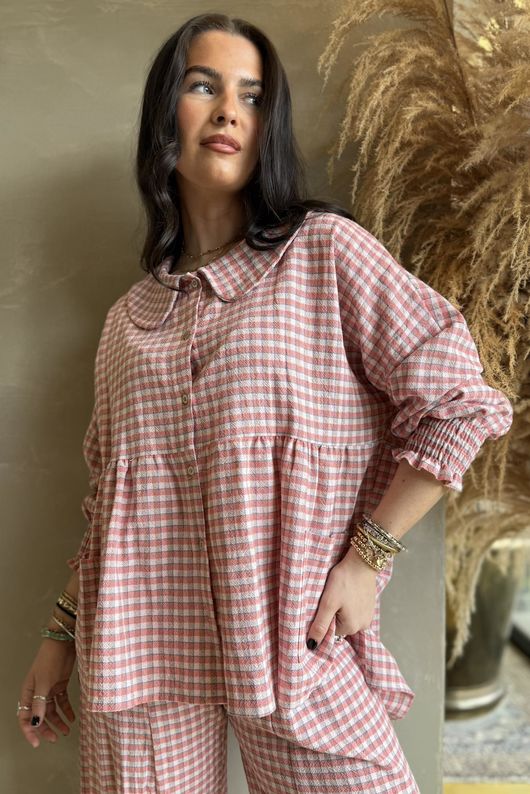 Annie Gingham Peter Pan Smock Blouse Soft Coral